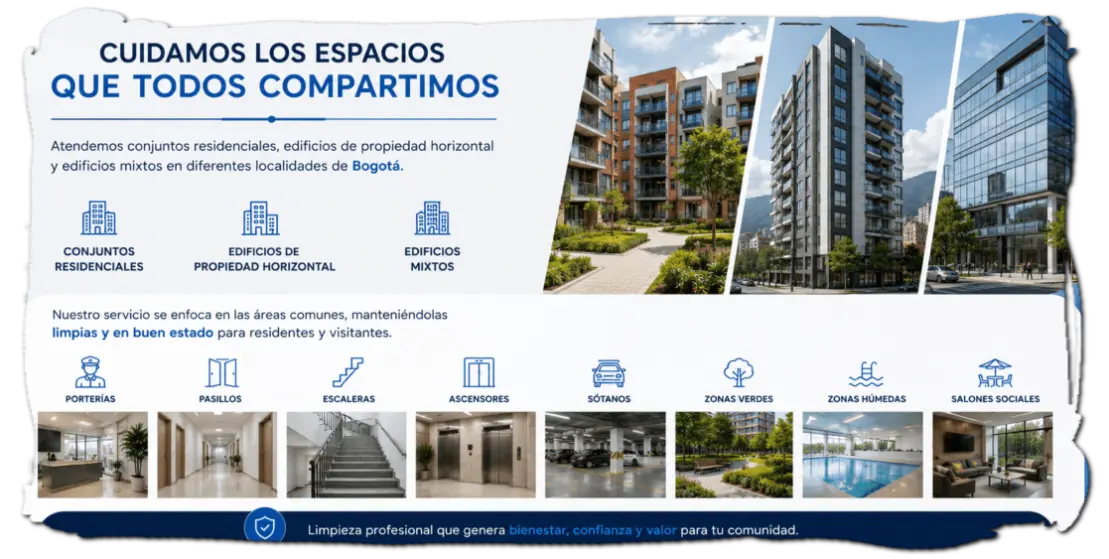 Aseo general y especializado para empresas, oficinas, colegios, bodegas y conjuntos residenciales. Limpieza, desinfección y mantenimiento de calidad.